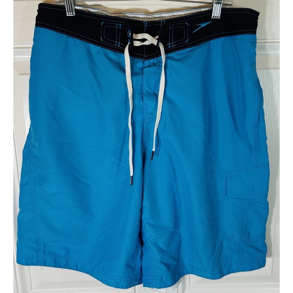 Speedo Board Shorts Mens Large Blue Black Cargo Pocket Lace Up Swim Trunks